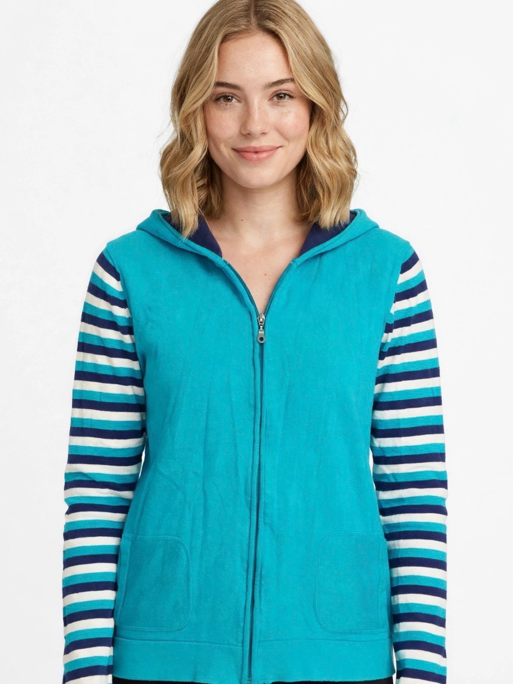 Women’s L Turquoise Zip Hoodie with Striped Sleeves Coastal Grandma, Y2K, 90s